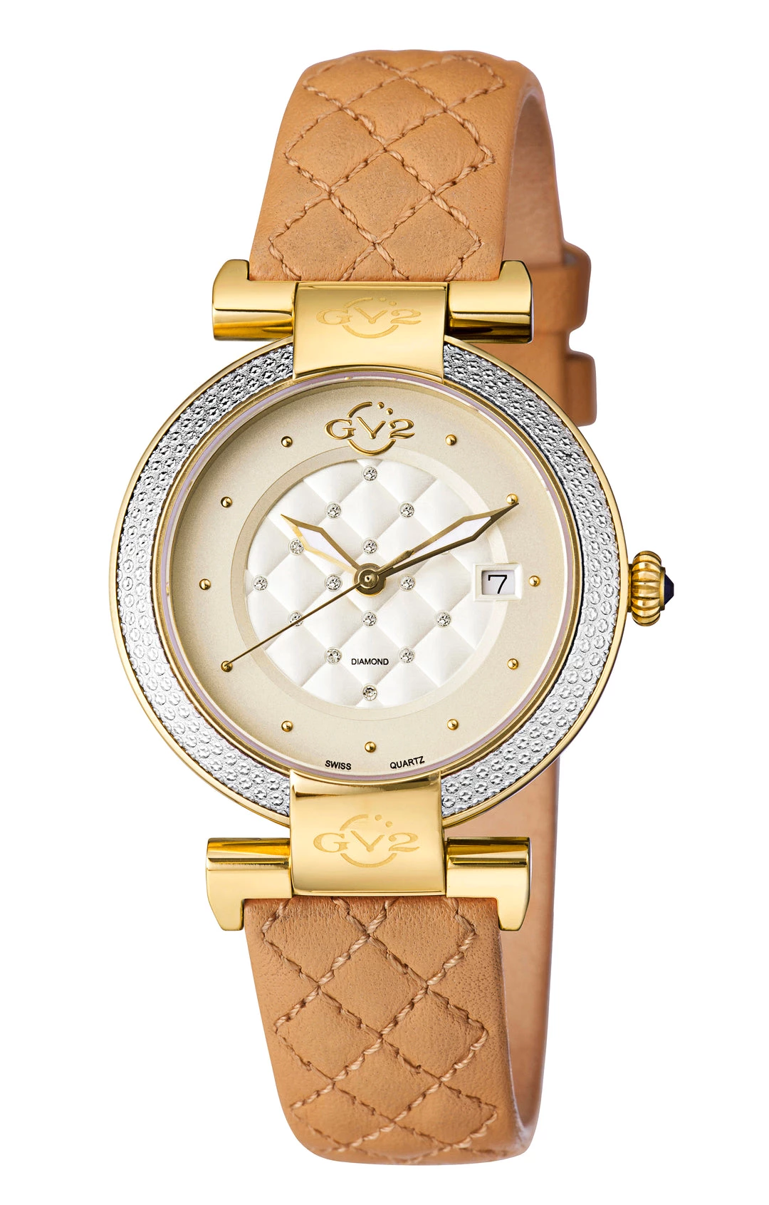 Wholesale ๐งจ GV2 Berletta ๐ฉ Women's โ Watch White Dial Khaki Calfskin Leather Quilted Strap ๐