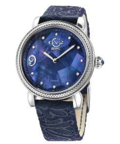 Discount 🎁 GV2 Ravenna 👩 Women's ⌚ Watch Blue 👩 Mother of Pearl Dial Blue Suede Embossed Strap ❤️